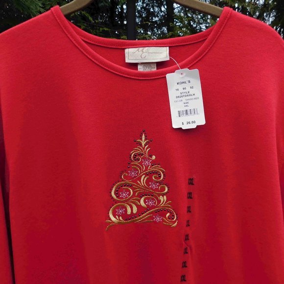 M&C Sportswear Plus Size-XXL Christmas Top with Gold Scroll-Embroidered Tree - Picture 2 of 3